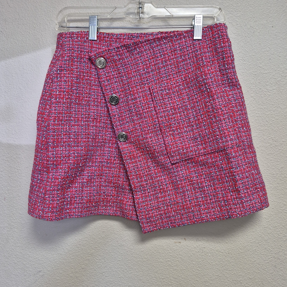 Maje Pink Tweed Mini Skirt with Button Detail